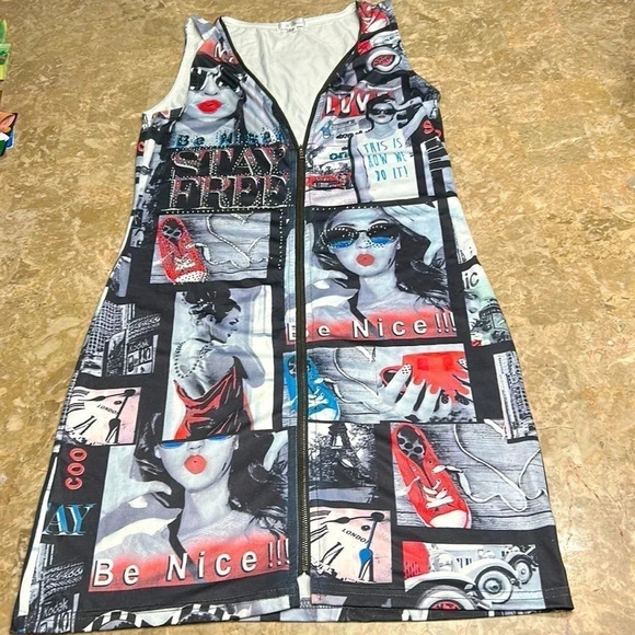 Graphic collage design dress,beads ,pop art design print retro vibe, Sm.,artsy, - Picture 5 of 17